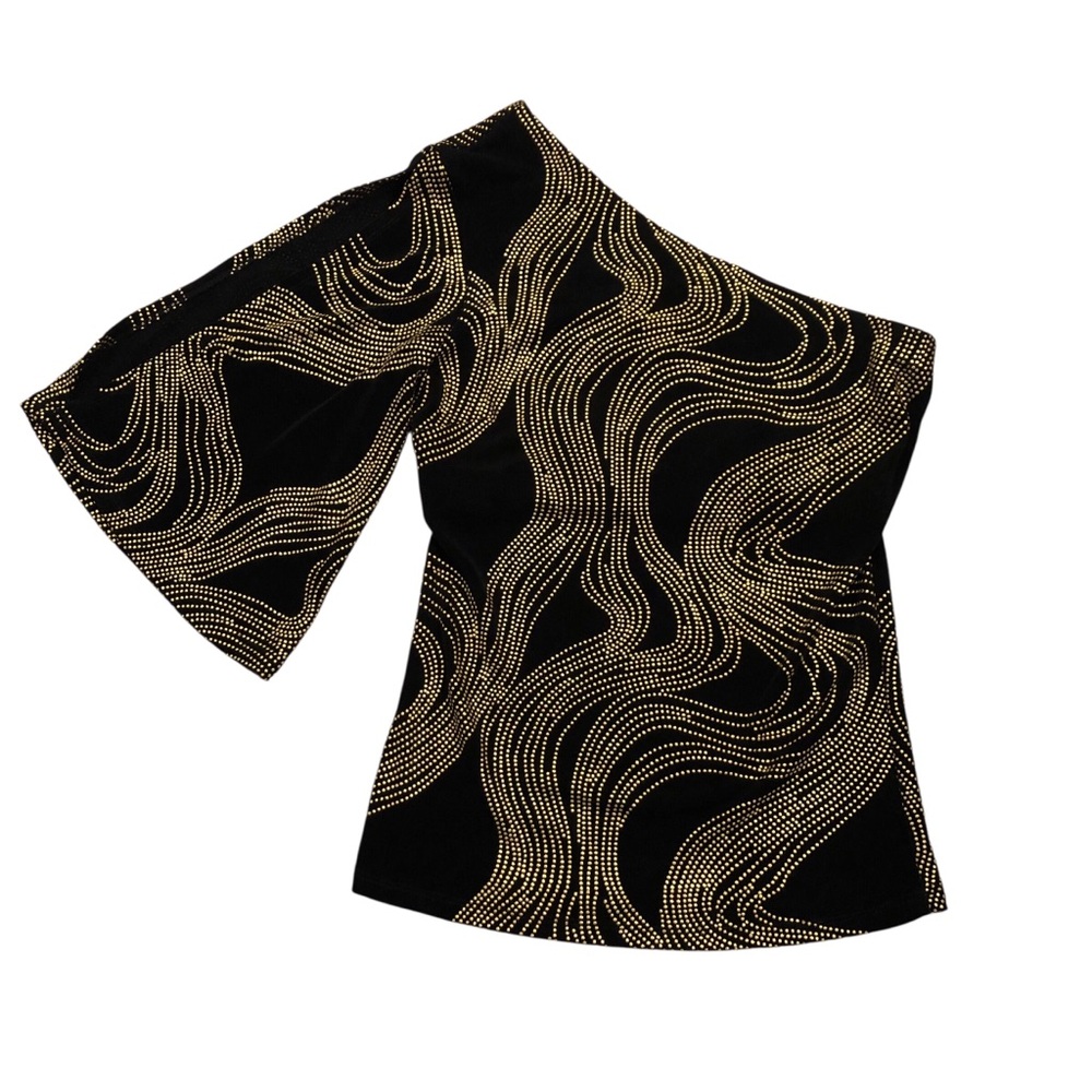 Cache black one-shoulder top with gold studs & bell sleeve 70's Glam Size S